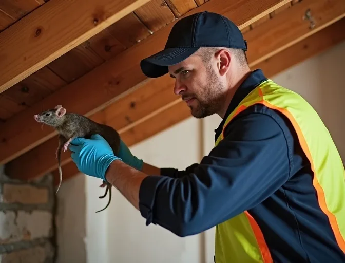 Technician inspecting a roof cavity for a dead rat in Stonehaven